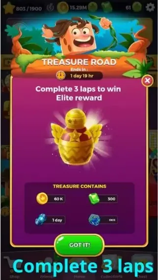 Treasure to get free coins and 3 laps complete